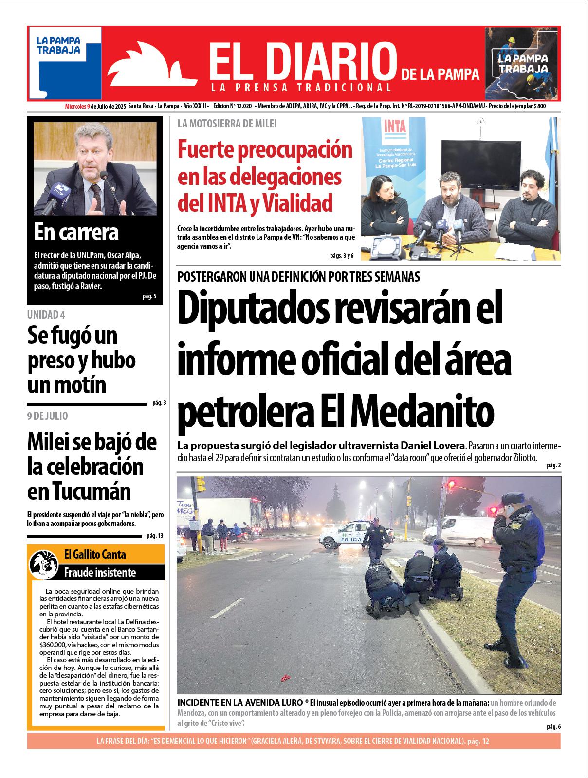Tapa de El Diario en papel  mieacutercoles 09 de julio de 2025